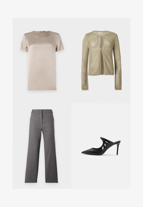 Langærmet, åben foran, beige strikket cardigan med løs, netlignende vævning og rund halsudskæring på en ensfarvet baggrund.; Beige kortærmet T-shirt lavet af glat satin stof med rund halsudskæring og minimalistisk design uden dekorationer.; Grå bukser med bred ben, fremstillet i et glat materiale, med flad front, lynlås lukning og minimal udsmykning. Skræddersyet til en afslappet pasform.; Sorte læder højhælede mules med spids tå, udskåret sideskærm og glat tekstur. Stiletthæl og subtil syning.