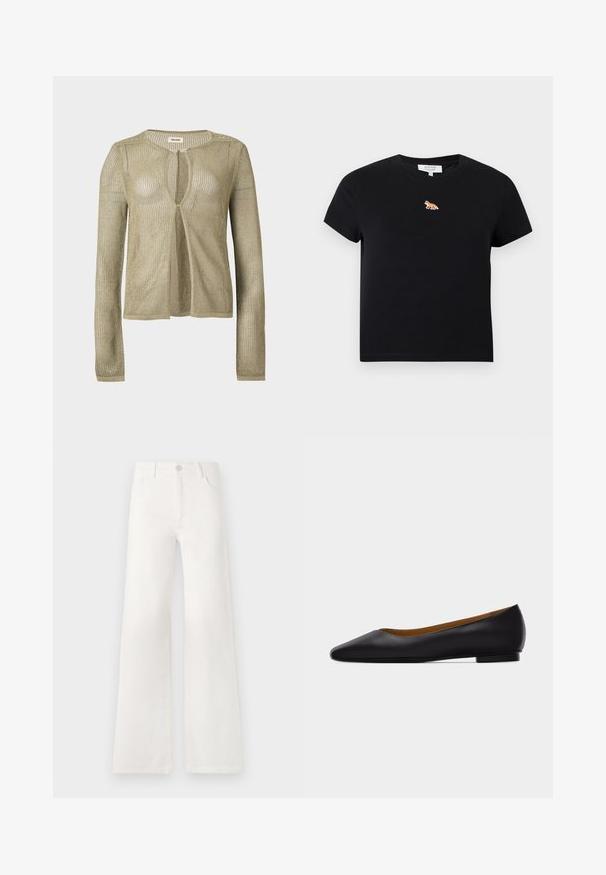 Langärmeliger, vorne offener, beiger Strickcardigan mit lockerem, netzartigem Gewebe und rundem Halsausschnitt auf einfarbigem Hintergrund.; Schwarzes kurzärmeliges Cropped-T-Shirt mit kleinem, besticktem orangefarbenem Fuchs-Logo, zentriert unter dem Rundhalsausschnitt.; Weiße, hoch taillierte, weite Jeans aus Denim. Verfügt über einen Knopfverschluss, zwei Fronttaschen und Seitennähte mit Stickdetails.; Schwarzer flacher Schuh aus Leder mit spitz zulaufender Vorderkappe, niedrigem Absatz und glatter Oberfläche, von der Seite vor einem hellgrauen Hintergrund dargestellt.