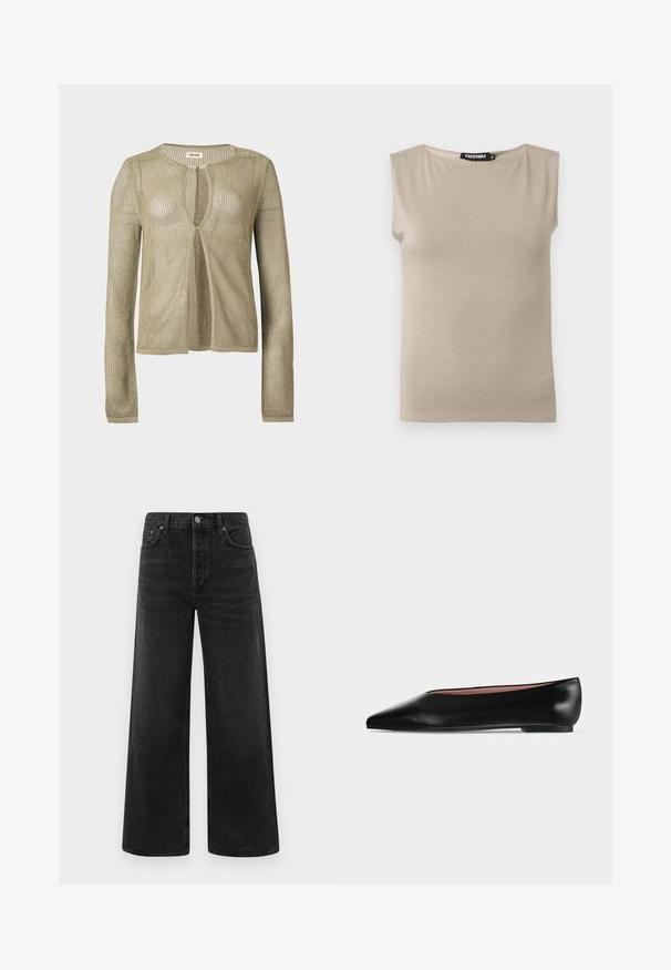 Cardigan beige en maille, manches longues, ouverture devant, avec un tissage léger en forme de filet et un col rond sur fond uni.; Haut beige en coton sans manches avec larges bretelles et col rond, taille moyenne, posé à plat sur fond blanc.; Jean en denim noir à jambes larges, taille haute, poches avant et fermeture classique par bouton. Le tissu présente une finition lisse avec une légère texture.; Chaussure plate en cuir noir pour femme, avec bout pointu et petit talon, vue de côté sur un fond gris clair uni.