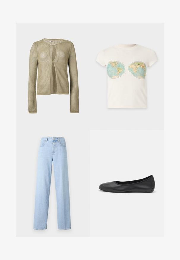 Cardigan beige en maille, manches longues, ouverture devant, avec un tissage léger en forme de filet et un col rond sur fond uni.; T-shirt blanc à manches courtes avec deux impressions de cartes du monde de style vintage placées sur la poitrine.; Jean taille haute bleu clair avec une coupe droite. Fabriqué en denim, doté de cinq poches et d'une fermeture à bouton à l'avant. Design minimaliste.; Ballerines en cuir noir avec un bout rond, texture lisse, détails de couture minimalistes et design de semelle flexible.