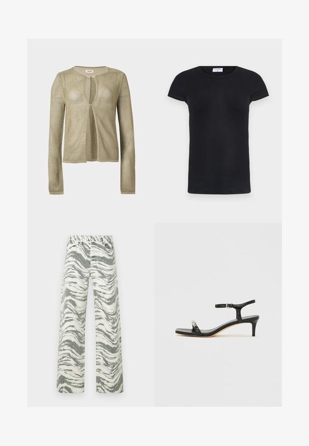Cardigan beige en maille, manches longues, ouverture devant, avec un tissage léger en forme de filet et un col rond sur fond uni.; T-shirt noir à côtes avec un col rond et des manches courtes. Tissu doux avec une coupe ajustée, présentant une étiquette au niveau du cou.; Jean taille haute à jambes larges avec imprimé zèbre abstrait noir et blanc et design à cinq poches.; Sandale noire en cuir à talon avec bride à la cheville, bout ouvert, devant carré et accent en métal argenté. Design ajusté avec un profil élégant.