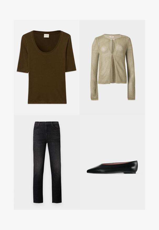 Beige gebreid vest met lange mouwen, open voorkant, losse, gaasachtige weving en een ronde halslijn op een effen achtergrond.; Bruine kortding shirt van zachte stof met een ronde halslijn en een eenvoudig, strak ontwerp. Geen patronen of extra details.; Zwarte spijkerbroek met een rechte pijp, voorzien van vijf zakken, een knoopsluiting en subtiele wassing op de dijen. Duurzame stoftextuur.; Zwarte leren damesschoen met platte zool, puntige neus en lage hak, zijwaarts afgebeeld tegen een effen lichtgrijze achtergrond.