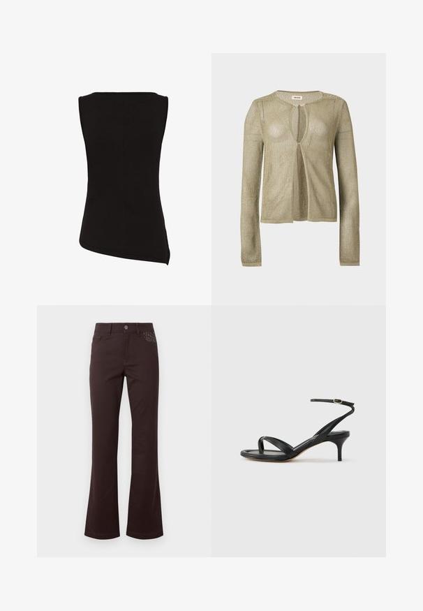 Cardigan beige en maille, manches longues, ouverture devant, avec un tissage léger en forme de filet et un col rond sur fond uni.; Haut noir sans manches avec un ourlet asymétrique et une silhouette ajustée, vu de dos sur fond blanc.; Pantalon droit taille haute marron foncé avec fermeture par bouton et un subtil motif léopard sur la poche avant droite.; Sandale pour femme en cuir noir avec fines lanières, une boucle d'orteil, une boucle à la cheville et un talon aiguille de hauteur moyenne sur un fond neutre.