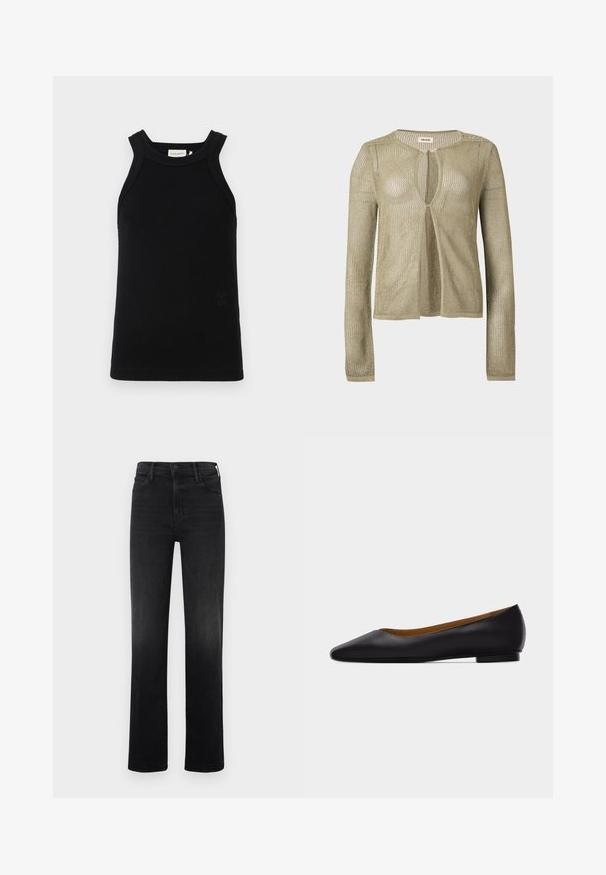 Beige gebreid vest met lange mouwen, open voorkant, losse, gaasachtige weving en een ronde halslijn op een effen achtergrond.; Zwarte geribbelde tanktop met brede schouderbanden, voorzien van een ronde halslijn en een klein reliëflogo detail aan de onderkant.; Zwarte rechtgesneden jeans van denim. Bevat een klassieke vijf-pocket stijl, met een rits en een knoopsluiting. Gladde textuur.; Zwarte leren puntschoen met lage hak en gladde afwerking, zijaanzicht op een lichtgrijze achtergrond.