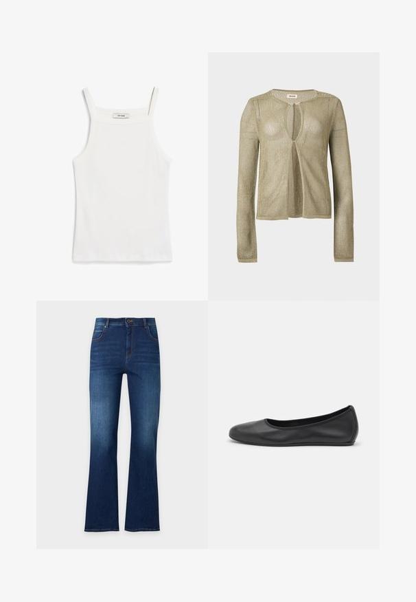 Beige gebreid vest met lange mouwen, open voorkant, losse, gaasachtige weving en een ronde halslijn op een effen achtergrond.; Witte tanktop met dunne banden, gemaakt van ribkatoenen stof, met een rechte halslijn en een nette afwerking aan de zoom.; Donkerblauwe spijkerbroek met een hoge taille, vijf zakken, knoopsluiting en licht uitlopende pijpen.; Zwarte leren ballerina met een ronde neus, gladde textuur, minimale stikdetails en een flexibele zoolontwerp.