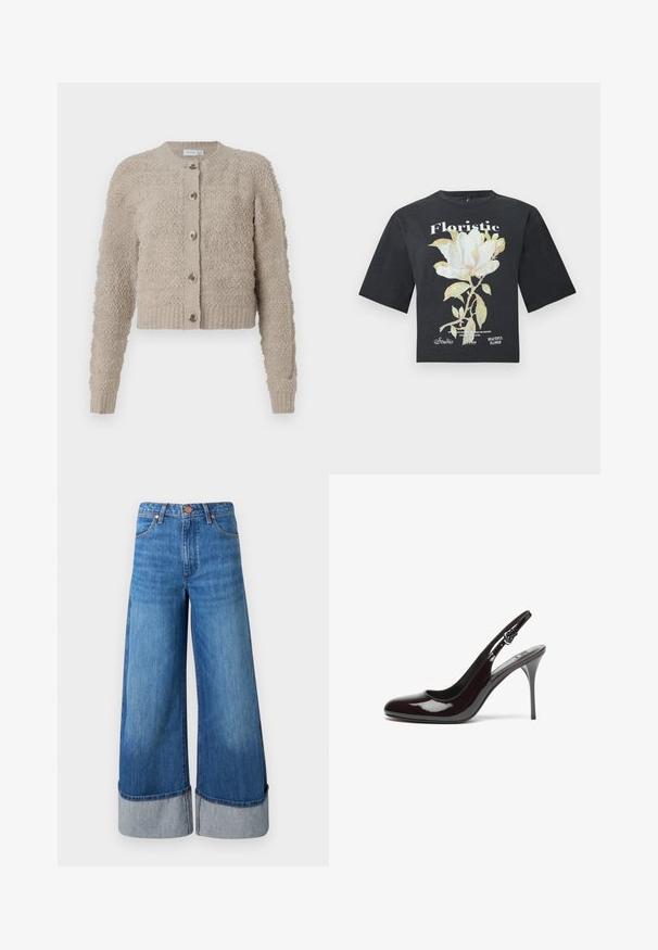 Beige struktureret cardigan med rund hals, frontknaplukning og ribbet kant. Har et hyggeligt, fluffy stof og lange ærmer.; Sort oversized t-shirt med stort hvidt og grønt blomstermotiv samt teksten "Floristic" og "Beautiful Flower" foran.; Vide ben denim jeans i mellemblå. Har en høj talje, opkrøllede nederste kanter i lysere denim og klassisk fem-lomme design med metal accenter.; Bordeaux patentlæder slingback hæle med en afrundet tå, en smal høj hæl og et justerbart rem. Glat tekstur med blank finish.