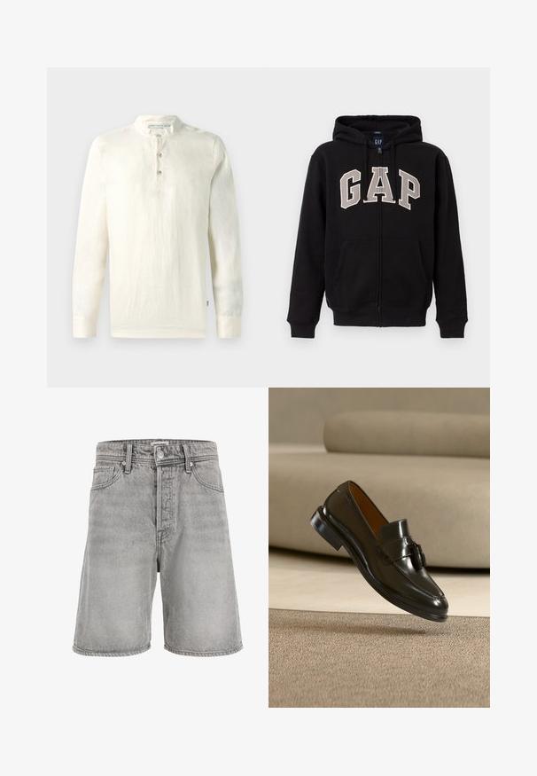 Zwarte hoodie met ritssluiting, voorzakken en beige "GAP"-letters op de borst, voorzien van een capuchon met trekkoord.; Lange mouw shirt van licht crèmekleurig katoen, met een Mandarin-kraag, een drieknoops sluiting en een gestructureerd oppervlak.; Lichtgrijze denim short met riemlussen, knoop en ritssluiting aan de voorkant en vijf zakken, getoond op een effen witte achtergrond.; Zwarte leren loafer met kwastje zwevend boven een beige tapijt met een beige bank op de achtergrond.