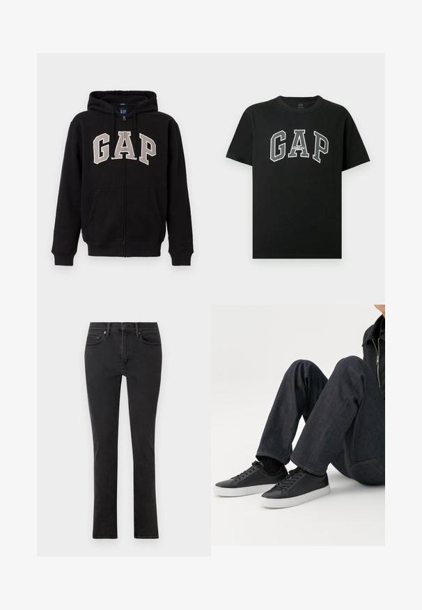 Schwarzer Kapuzenpullover mit Reißverschluss, Fronttaschen und beigen "GAP"-Buchstaben auf der Brust, mit einem Kapuzenzug.; Schwarzes Baumwoll-T-Shirt mit kurzen Ärmeln, runder Ausschnitt und auffälligem weißen "GAP"-Logo sowie "Athletic"-Detail in kontrastierender Schriftart.; Schwarze Jeans aus Denim im Slim-Fit-Schnitt. Verfügt über fünf Taschen, Gürtelschlaufen und einen Frontreißverschluss mit Knopfverschluss. Glatte Textur.; Person sitzt mit angewinkelten Beinen, trägt dunkelblaue Jeans und schwarze Low-Top-Sneaker mit weißen Sohlen auf weißem Hintergrund.