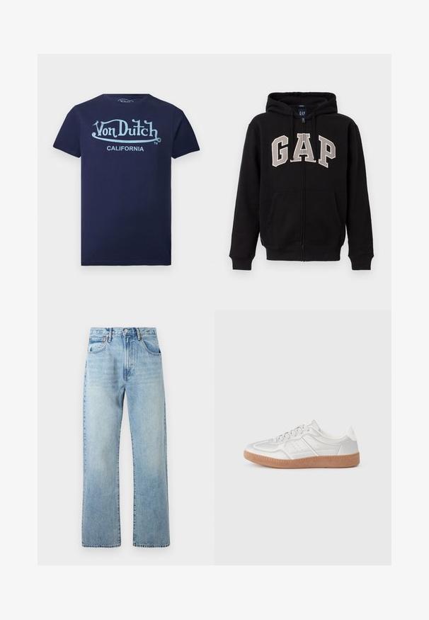 Sweat à capuche noir zippé avec poches avant et lettrage "GAP" beige sur la poitrine, doté d'une capuche à cordon de serrage.; T-shirt bleu marine à manches courtes avec logo "Von Dutch" bleu clair et texte "California" sur le devant.; Jeans en denim bleu clair avec des jambes larges et droites, design à cinq poches et une taille avec passants de ceinture. Le tissu présente une texture légèrement décolorée.; Baskets argentées avec une texture lisse, un design à lacets, des accents perforés et une semelle en caoutchouc marron texturé.