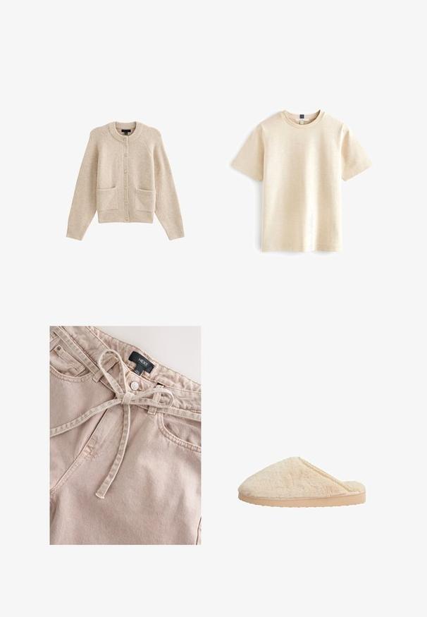 Beige strikket cardigan med rund halsudskæring, frontknapper, to lommer og ribbestrikkede manchetter. Blød tekstur med et afslappet pasform design.; Beige kortærmet t-shirt med rund hals, lavet af blødt materiale med en diskret tekstur og en afslappet pasform. Ingen synlige logoer.; Lyserøde denimbukser med bindebånd i taljen, med frontknap, bæltestropper og to forlommer, der viser et tekstureret stof.; Beige pelslippers med en rund form, tekstureret overflade og en flad, lys farvet gummisål. Har en delikat blondeaccent langs kanten.