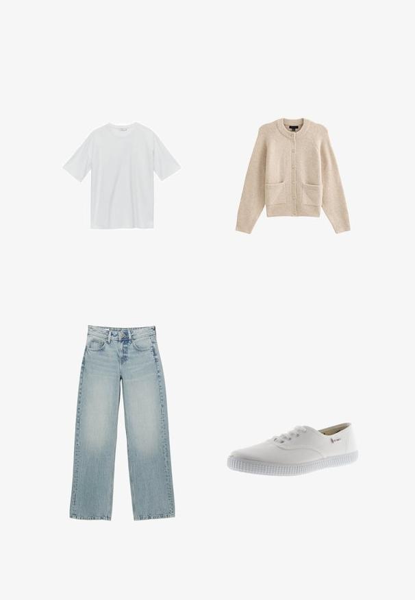 Beige gebreide cardigan met een ronde hals, knopen aan de voorkant, twee zakken en geribbelde manchetten. Zachte textuur met een ontspannen pasvorm.; Witte t-shirt met korte mouwen, gemaakt van zachte stof. Ronde halslijn, relaxte pasvorm en geen zichtbare patronen of accenten. Eenvoudig, veelzijdig ontwerp.; Lichtblauwe denim wijde jeans met een hoge taille, voorzien van vijf zakken, een knoopsluiting en subtiele vervaging voor een versleten effect.; Witte canvas sneakers met ronde neus, vetersluiting, gestructureerde rubberen zool en subtiele merkaanduiding. Glad stoffen afwerking.