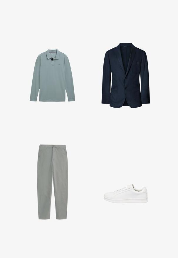 Donkerblauwe herenblazer met dubbele knoopsluiting, ingesneden revers en drie voorzakken, afgebeeld tegen een witte achtergrond.; Lange mouwen polo shirt in lichtblauw met een contrasterende marinekleurige kraag. Katoenen materiaal, met een klein logo op de linkerborst. Klassieke pasvorm.; Lichtgrijze pantalon met rechte pijpen, riemlussen, zijzakken en een sluiting met knopen en rits aan de voorkant op een witte achtergrond.; Lage witte sneaker met vetersluiting, glad leren bovenwerk, gevoerde kraag en dikke rubberen zool, zijaanzicht op witte achtergrond.