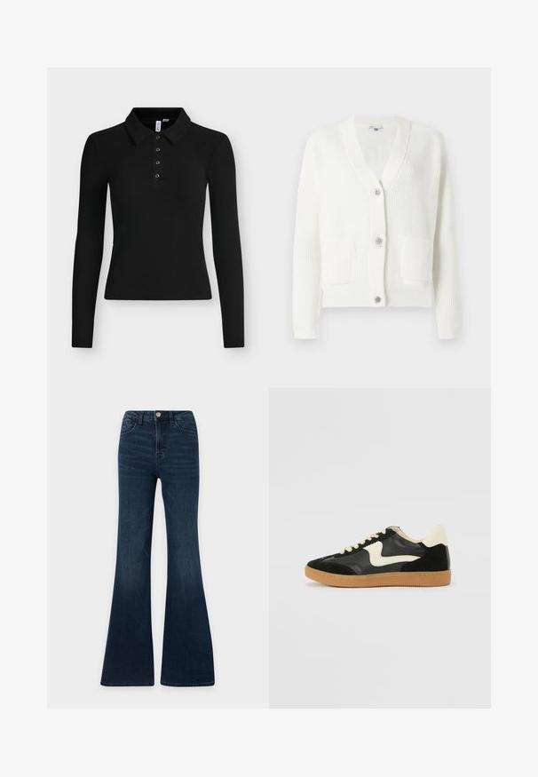Cárdigan blanco de tejido acanalado, con escote en V, tres botones decorativos y dos bolsillos frontales. Textura suave y corte relajado.; Polo negro de manga larga con canalé, cuello y cuatro botones en la tapeta delantera.; Vaqueros de mezclilla de tiro alto en azul oscuro con corte acampanado, cierre frontal con botón y cremallera, y bolsillos delanteros y traseros.; Zapatillas de deporte de ante y cuero negro con un swoosh lateral en crema y un talón en crema claro. Presenta cordones beige y una suela de goma marrón.