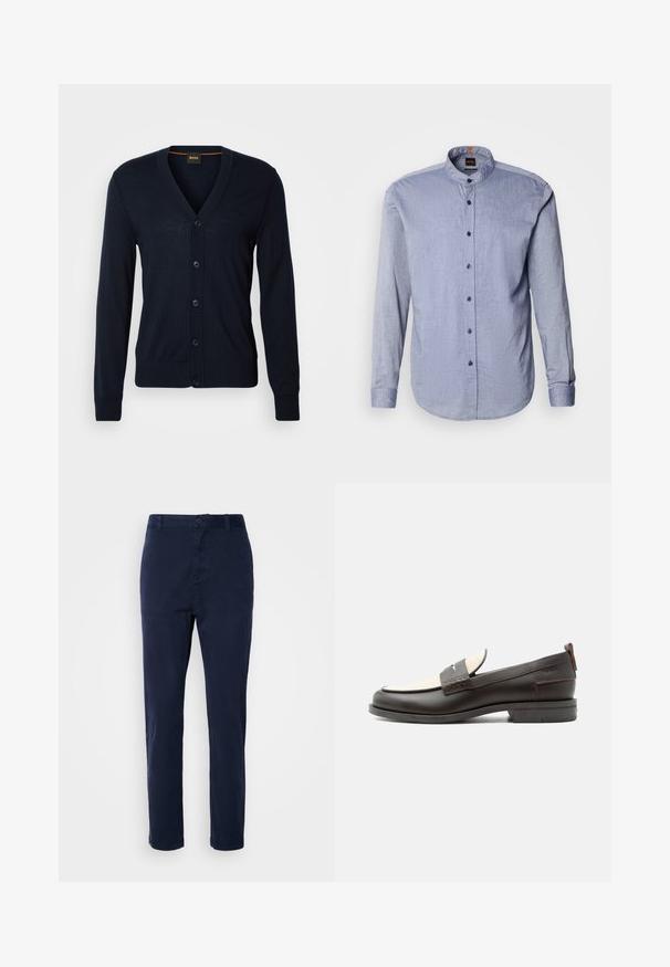 Cárdigan de lana navy con cuello en V, cinco botones, puños y dobladillo acanalados, logo sutil en el pecho, textura suave, ajuste estándar.; Camisa abotonada de tela azul claro, con cuello tipo banda, mangas largas y botones azul oscuro. Textura suave con un patrón sutil.; Chinos azul marino de tela ligera, con un diseño de pierna recta, cierre de botón y bolsillos laterales. Textura suave y sin estampados.; Mocasín para hombre de cuero marrón oscuro con panel de tela crema y detalle clásico de correa cosida, suela plana y asa en el talón.