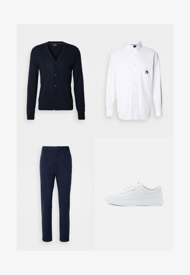 Cárdigan de lana navy con cuello en V, cinco botones, puños y dobladillo acanalados, logo sutil en el pecho, textura suave, ajuste estándar.; Camisa blanca de manga larga con botones y cuello abotonado, bolsillo frontal con un pequeño logo bordado en marrón y negro con la letra "B".; Chinos azul marino de tela ligera, con un diseño de pierna recta, cierre de botón y bolsillos laterales. Textura suave y sin estampados.; Zapatillas de cuero blanco con textura suave, puntera redondeada y costuras tonales. Cuentan con cordones azules y un logo dorado en el lateral.