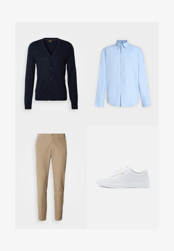 Marineblauwe wollen vest met V-hals, vijf knopen, geribde manchetten en zoom, subtiel logo op de borst, zachte textuur, normale pasvorm.; Lichtblauw overhemd met lange mouwen, knopen en een knoopkraag met witte knopen, weergegeven op een effen lichte achtergrond.; Beige broek van gladde stof met een rechte snit, voorzien van een knoopsluiting en voorzakken, en inclusief riemlussen.; Witte leren sneakers met een gladde textuur, ronde neus en tonale stiksels. Voorzien van blauwe veters en een gouden logo op de zijkant.