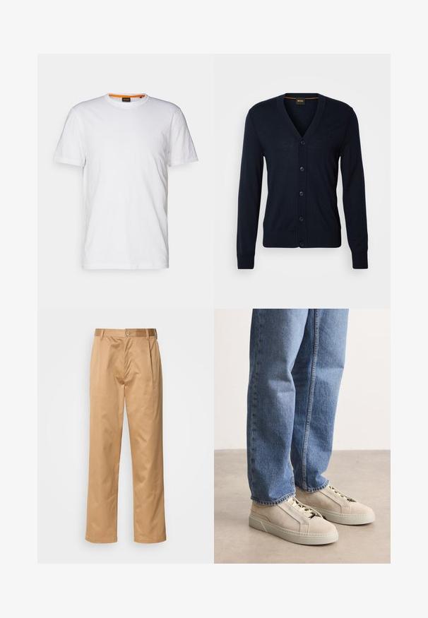 Marineblauwe wollen vest met V-hals, vijf knopen, geribde manchetten en zoom, subtiel logo op de borst, zachte textuur, normale pasvorm.; Witte katoenen T-shirt met ronde hals, korte mouwen en een subtiel reliëflogo op de borst. Het binnenlabel heeft een oranje accent.; Khaki broek, katoenmix, recht model, voorplooien, riemlussen en knoopsluiting. Gladde textuur zonder patronen.; BOSS GARYTENN_SDHDEL - Sneakers laag - natural ten