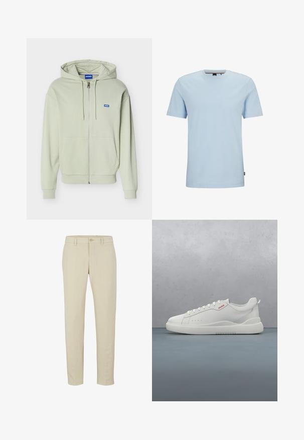 Hellgrüner Kapuzenpullover mit Reißverschluss, Fronttaschen, Kordelzugkapuze, gerippten Bündchen und Saum sowie einem kleinen blauen "HUGO"-Logo auf der Brust.; Hellblaues Baumwoll-T-Shirt mit Rundhalsausschnitt, kurzen Ärmeln und einem dezenten Logo, das auf der Brust gestickt ist. Weicher Stoff, reguläre Passform.; Beige maßgeschneiderte Hose mit Reißverschluss, einzelner Knopfverschluss und Gürtelschlaufen. Glattes Material mit geradem Bein und ohne sichtbare Muster.; Weiße Sneaker aus glattem Leder, runde Spitze, vier Ösen, dezente Perforationen und ein rotes Logodetail an der Seite.