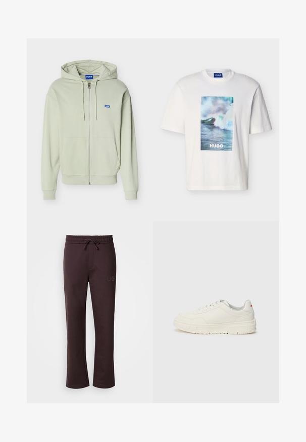 Hellgrüner Kapuzenpullover mit Reißverschluss, Fronttaschen, Kordelzugkapuze, gerippten Bündchen und Saum sowie einem kleinen blauen "HUGO"-Logo auf der Brust.; Weißes T-Shirt mit kurzen Ärmeln, vorne mittig mit einer Grafik von Ozeanwellen in Blau, Grün und Weiß sowie dem Schriftzug "HUGO".; Dunkelbraune Jogginghose mit elastischem Bund, Kordelzug, seitlichen Taschen und dem auf dem linken Bein aufgedruckten "HUGO"-Logo. Weiche Textur.; Weißes Sneaker-Modell mit einer glatten Lederoberfläche, runder Zehenpartie, flachen Schnürsenkeln und einer strukturierten Gummisohle. Ein roter Akzent befindet sich an der Ferse.