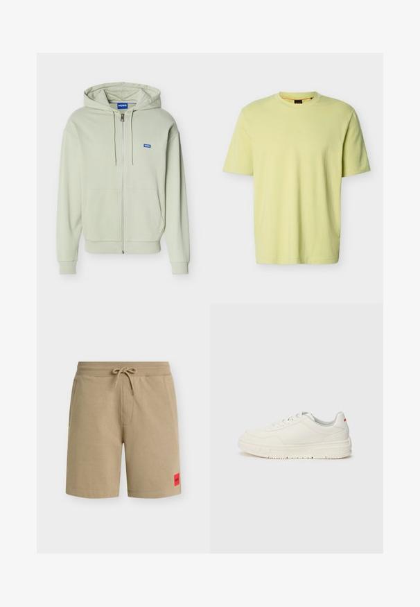 Lichtgroene hoodie met ritssluiting, voorzakken, capuchon met trekkoord, geribbelde manchetten en zoom, en een klein blauw "HUGO" logo op de borst.; Lichtgeel katoenen T-shirt met korte mouwen, ronde halslijn en subtiel geprofileerd "BOSS"-logo op de borst.; Beige casual shorts met een trekkoord in de taille, zijzakken en een klein rood merkembleem op het linker onderbeen.; Witte sneakers met een glad leren bovenwerk, ronde neus, platte veters en een gestructureerde rubberen zool. Een rode accent op de hiel.