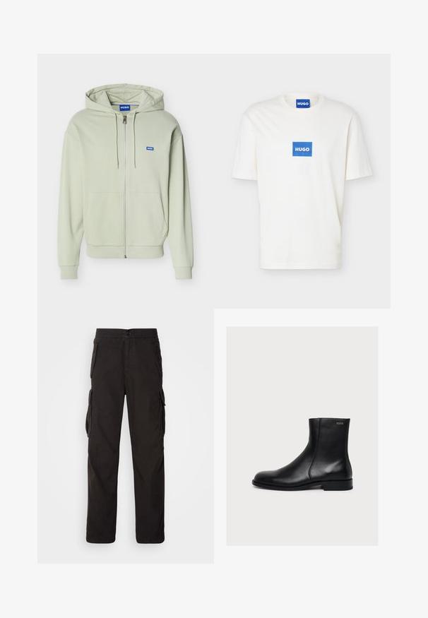 Lysegrøn hættetrøje med lynlås, forlommer, snøre i hætten, ribkant ved ærmer og kant samt et lille blåt "HUGO"-logo på brystet.; Hvid T-shirt med korte ærmer og rund halsudskæring, med en blå rektangulær logo med teksten "HUGO" centreret på brystet og på den indvendige krave.; Sorte cargobukser med lige pasform, elastisk talje, flere sidelommer og et struktureret stof for holdbarhed.; Sort glat læderankelstøvle med lav hæl og sidelukning med lynlås, mærket Hugo nær den øverste kant.