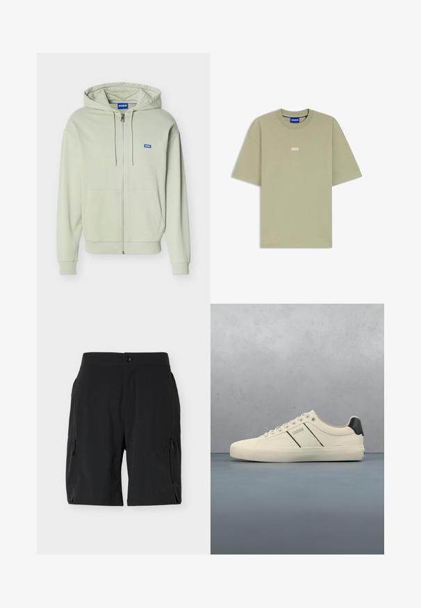 Sudadera con capucha y cremallera en verde claro, con bolsillos frontales, capucha con cordón, puños y dobladillo acanalados, y un pequeño logo azul "HUGO" en el pecho.; Camiseta de manga corta de color verde oliva claro con cuello redondo y pequeño logo blanco "HUGO" centrado en el pecho.; Pantalones cortos negros hasta la rodilla con bolsillos laterales con cremallera y cierre de botón en la cintura, exhibidos sobre un fondo blanco liso.; Zapatillas de color crema con una textura suave, que presentan acentos y marcas en negro. Diseño clásico de cordones con punta redonda y suela de goma.