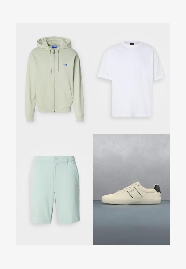 Sweat à capuche zippé vert clair avec poches avant, capuche avec cordon, poignets et ourlet côtelés, et un petit logo bleu "HUGO" sur la poitrine.; T-shirt en coton blanc avec un col rond, des manches courtes et une coupe décontractée. Les coutures épaules texturées ajoutent un détail supplémentaire.; Shorts bleu clair en tissu lisse, dotés d'une fermeture à bouton, de poches avant et d'une ceinture confortable sans motifs visibles.; Baskets de couleur crème avec une texture lisse, dotées d'accents et de marquage noirs. Design classique à lacets avec un bout rond et une semelle en caoutchouc.