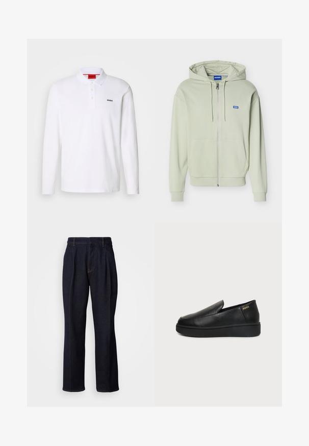 Sudadera con capucha y cremallera en verde claro, con bolsillos frontales, capucha con cordón, puños y dobladillo acanalados, y un pequeño logo azul "HUGO" en el pecho.; Camisa polo blanca de manga larga hecha de algodón con cuello, tapeta de tres botones y el logo negro "HUGO" en el lado izquierdo del pecho.; Jeans de mezclilla de pierna ancha en un tono azul oscuro, con pliegues frontales y costuras naranjas, presentados sobre fondo blanco.; Zapato de cuero negro tipo slip-on con suela gruesa y pequeños orificios de ventilación laterales, con el logo dorado de "HUGO" cerca del talón.
