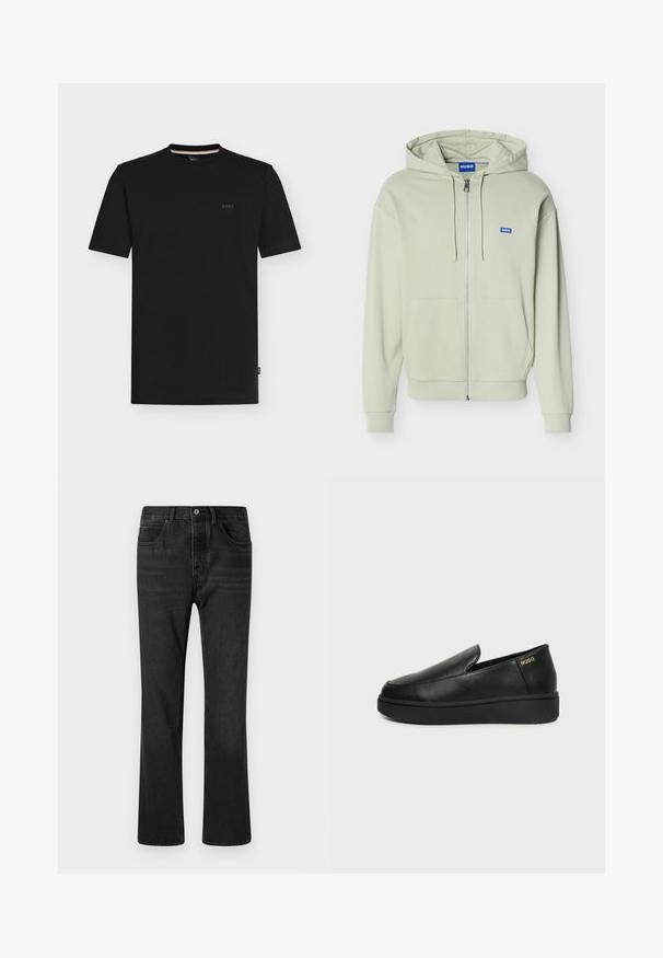 Hellgrüner Kapuzenpullover mit Reißverschluss, Fronttaschen, Kordelzugkapuze, gerippten Bündchen und Saum sowie einem kleinen blauen "HUGO"-Logo auf der Brust.; Schwarzes T-Shirt mit kurzen Ärmeln und Rundhalsausschnitt sowie kleinem "BOSS"-Logo auf der linken Brust, präsentiert auf weißem Hintergrund.; Schwarze Jeans aus Denim mit geradem Bein Design, fünf Taschen und einem vorderen Knopfverschluss. Strukturierte Oberfläche mit subtilen Ausbleichungsdetails.; Schwarzer Lederschlupfschuh mit dicker Sohle und kleinen seitlichen Belüftungslöchern, mit goldenem "HUGO"-Logo nahe der Ferse.