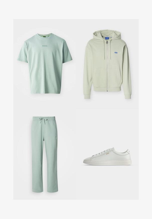 Sweat à capuche zippé vert clair avec poches avant, capuche avec cordon, poignets et ourlet côtelés, et un petit logo bleu "HUGO" sur la poitrine.; T-shirt vert clair en coton doux, avec des manches courtes et un col rond. Logo "BOSS" brodé sur le devant.; Pantalon de survêtement vert clair avec une taille élastique et un cordon de serrage. Dispose de poches latérales et d'un petit logo brodé sur le devant. Texture lisse.; Baskets basses blanches en cuir avec lacets, semelle plate et petit logo doré "BOSS" sur le côté, vues de l'extérieur.