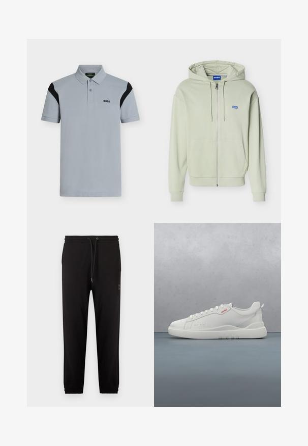 Sweat à capuche zippé vert clair avec poches avant, capuche avec cordon, poignets et ourlet côtelés, et un petit logo bleu "HUGO" sur la poitrine.; Polo gris clair à manches courtes avec des accents noirs sur les épaules et un logo "BOSS" sur la poitrine gauche, doté d'un col à deux boutons.; Pantalon de jogging noir avec ceinture élastique et poignets, cordon de serrage ajustable, et poches latérales, présenté sur un fond blanc.; Sneaker blanche avec une finition en cuir lisse, bout rond, quatre œillets, perforations subtiles et un détail de logo rouge sur le côté.