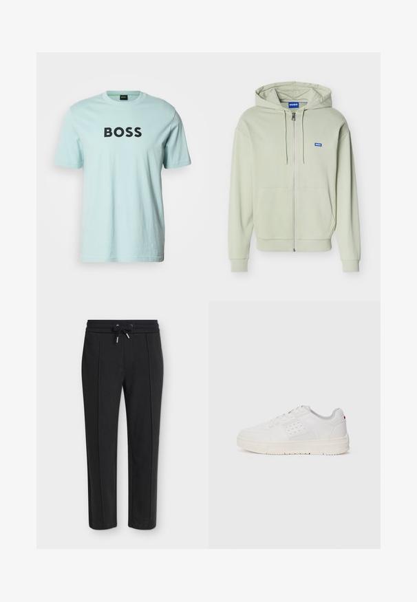 Sweat à capuche zippé vert clair avec poches avant, capuche avec cordon, poignets et ourlet côtelés, et un petit logo bleu "HUGO" sur la poitrine.; T-shirt en coton bleu clair avec un col rond et des manches courtes. Porte le mot "BOSS" en lettres noires épaisses sur la poitrine.; Pantalon noir fuselé avec une taille élastique et un cordon, présentant une subtile texture côtelée verticale.; Baskets blanches avec une tige texturée, des détails perforés, une languette en mesh gris clair et une semelle en caoutchouc crème. Présente un marquage minimal sur le côté.