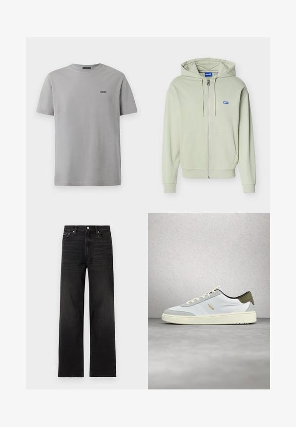 Sweat à capuche zippé vert clair avec poches avant, capuche avec cordon, poignets et ourlet côtelés, et un petit logo bleu "HUGO" sur la poitrine.; T-shirt en coton gris à manches courtes, col rond, avec un petit logo noir "BOSS" sur la partie gauche de la poitrine. Texture lisse, design simple.; Jean noir droit avec cinq poches, passants pour ceinture et fermeture par bouton, présenté sur un fond blanc.; Baskets basses blanches et grises avec lacets blancs et logo "HUGO" en or, flottant au-dessus d'un sol gris lisse devant un mur de verre.