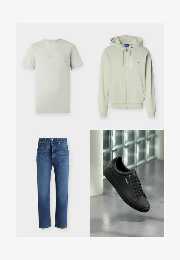 Sweat à capuche zippé vert clair avec poches avant, capuche avec cordon, poignets et ourlet côtelés, et un petit logo bleu "HUGO" sur la poitrine.; T-shirt vert clair à manches courtes en coton doux et lisse, avec un col rond et une petite étiquette logo sur la poitrine gauche.; Jean en denim bleu coupe droite avec fermeture avant par bouton et zip, poches avant et passants de ceinture sur un fond uni.; Baskets en cuir noir avec lacets noirs et le nom de la marque "HUGO" sur le côté, présentées devant un arrière-plan moderne en blocs de verre et béton.