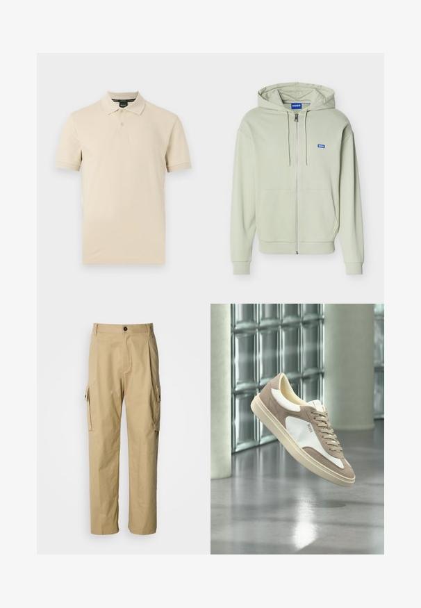 Sweat à capuche zippé vert clair avec poches avant, capuche avec cordon, poignets et ourlet côtelés, et un petit logo bleu "HUGO" sur la poitrine.; Polo beige à manches courtes avec deux boutons, col classique, et logo BOSS subtilement en relief sur le côté gauche de la poitrine.; Pantalon cargo beige en tissu résistant, avec une coupe décontractée, des poches latérales et une fermeture par bouton à la taille.; Baskets en suède beige et blanc avec lacets et logo « BOSS », flottant au-dessus d’un sol en béton poli avec des murs en blocs de verre en arrière-plan.