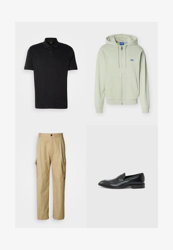 Hellgrüner Kapuzenpullover mit Reißverschluss, Fronttaschen, Kordelzugkapuze, gerippten Bündchen und Saum sowie einem kleinen blauen "HUGO"-Logo auf der Brust.; Schwarzes Polo-Shirt aus Baumwolle, mit klassischem Kragen, zwei Knöpfen und einem gestickten Logo auf der Brust. Kurze Ärmel.; Beige Cargo-Hosen aus strapazierfähigem Stoff, mit lockerem Schnitt, Seitentaschen und Knopfverschluss an der Taille.; Schwarzer Herren-Ledermokassin mit niedrigem Absatz, abgerundeter Zehe und kleinem metallischem Logo auf dem Riemen, seitlich auf schlichtem Hintergrund dargestellt.