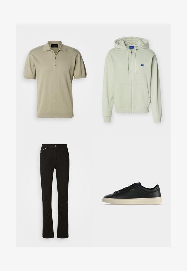 Sweat à capuche zippé vert clair avec poches avant, capuche avec cordon, poignets et ourlet côtelés, et un petit logo bleu "HUGO" sur la poitrine.; Polo à manches courtes en tissu tricoté vert olive clair, avec un col plat, une patte de boutonnage à trois boutons et un ourlet côtelé.; Jeans en denim noir au design droit, avec poches avant, braguette zippée et accents en métal argenté. Texture lisse, sans motifs.; Baskets basses en cuir noir avec semelle blanche, lacets noirs et petit logo BOSS doré sur le côté.