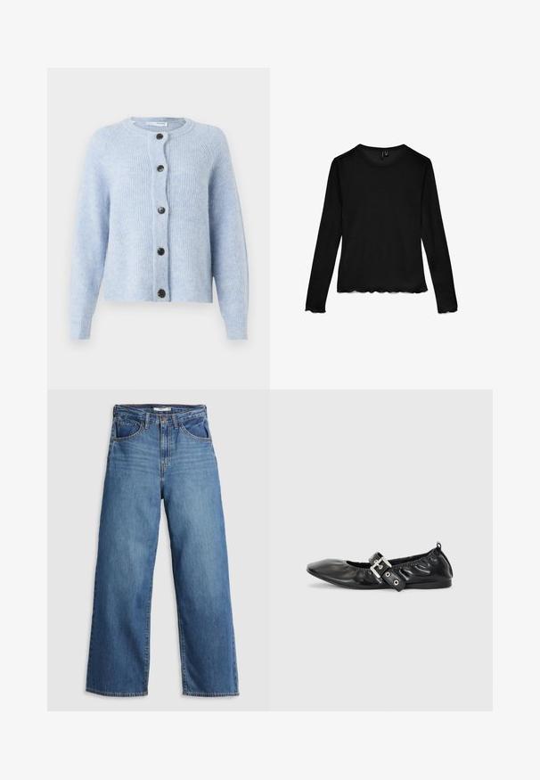 Cardigan bleu clair en matière douce et côtelée, avec un col rond, des manches longues et six boutons noirs sur le devant.; Chemise noire à manches longues avec col ras du cou, bords festonnés aux manches et à l'ourlet, posée à plat sur un fond blanc.; Jean large en denim bleu à taille haute, doté de cinq poches, de coutures contrastantes et d'une fermeture éclair.; Chaussure plate en cuir noir avec un nez pointu, des détails froncés autour de l'ouverture et un accent en boucle argentée sur la bride ajustable.
