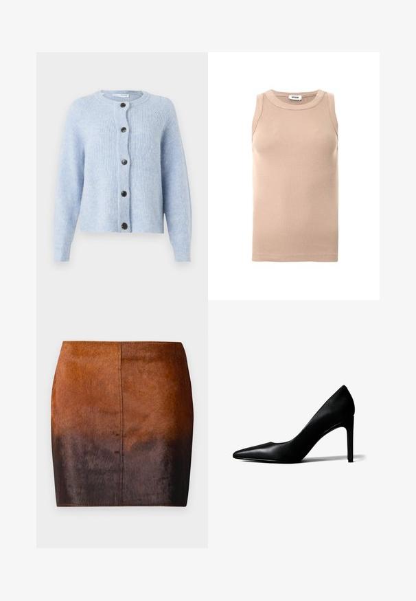 Cardigan bleu clair en matière douce et côtelée, avec un col rond, des manches longues et six boutons noirs sur le devant.; Haut sans manches beige côtelé avec un col rond et une légère élasticité. Texture lisse sans éléments métalliques apparents ni motifs.; Jupe mini dégradé brun en matériau doux, présentant une texture lisse, une silhouette ajustée et des coutures précises le long des bords.; Chaussure à talon haut en cuir noir à bout pointu avec un talon aigu fin sur fond blanc.