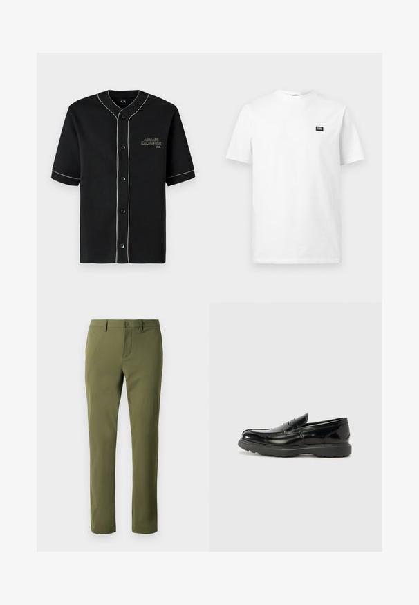 Sort kortærmet skjorte med knapper og hvid piping, med "Armani Exchange" broderet på venstre bryst.; Hvid kortærmet t-shirt i bomuld med rund hals og lille sort rektangulært logo-mærke på venstre bryst.; Olivengrønne bukser lavet af glat stof med lige snit, har en knappelukning og bæltestropper. Ingen synlige mønstre eller accenter.; Sort læderloafer med en blank finish, rund tå, subtile syninger og en tyk gummisål for holdbarhed.