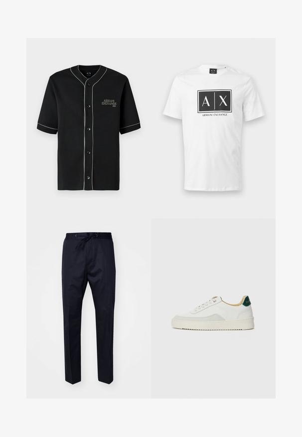Musta lyhythihainen napitettava paita, jossa on valkoista reunusteita ja vasemmassa rinnassa "Armani Exchange" -kirjailu.; Valkoinen lyhythihainen T-paita, jossa on musta suorakulmainen Armani Exchange -logo, jossa rinnan keskellä teksti "A | X".; Laivastonsiniset, kevyet housut, joissa on elastinen vyötärö, säädettävä nyöri ja suorat lahkeet. Silkkinen pinta, ei näkyviä kuvioita tai yksityiskohtia.; Valkoiset tennarit, joissa on nahkaosia, pyöreä kärki, tasaiset nauhat ja kermaisa kumi-pohja. Takana vihreä brändäys.