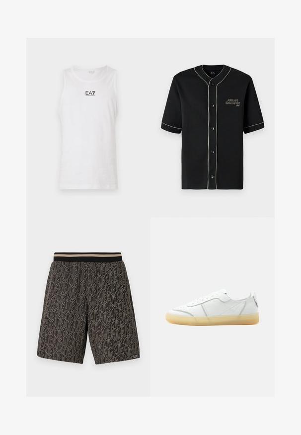 Schwarze Kurzarm-Hemd mit Knöpfen und weißen Paspeln, mit der Aufschrift "Armani Exchange" auf der linken Brust gestickt.; Weißes ärmelloses Top aus Baumwolle mit schwarzem EA7-Logo auf der Brust und rundem Ausschnitt. Glatte Textur, lässiges Design.; Schwarze Shorts mit einem strukturierten Muster aus diagonalen Linien und dem Text "EAT" in Beige. Elastischer Bund mit kontrastierenden Streifen.; Weißer flacher Ledersneaker mit beiger durchsichtiger Sohle, Schnürung vorne und minimalen Nähten, seitlich auf schlichtem Hintergrund gezeigt.