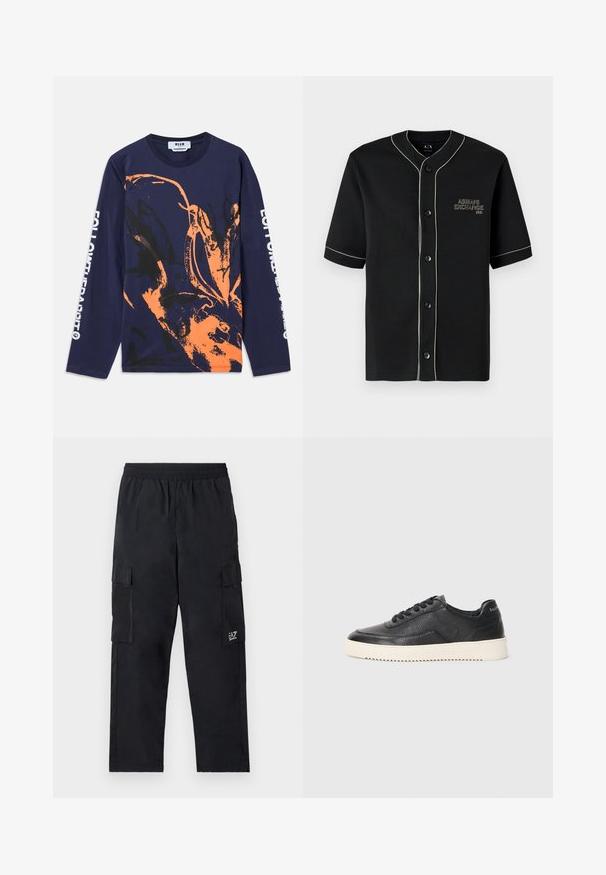Camisa negra de manga corta con botones y ribete blanco, que presenta "Armani Exchange" bordado en el lado izquierdo del pecho.; Camiseta de manga larga de color navy hecha de algodón, con un diseño abstracto en naranja y negro. El texto en la manga dice "SIGUE AL CONEJO."; Pantalones cargo negros con cintura elástica, bolsillos laterales y un pequeño logo en la pierna izquierda. Fabricados con tejido ligero y suave.; Zapatillas de cuero negro con acabado texturizado, puntera redonda y suela de goma blanca plana. Presenta cordones negros y una marca en el talón.