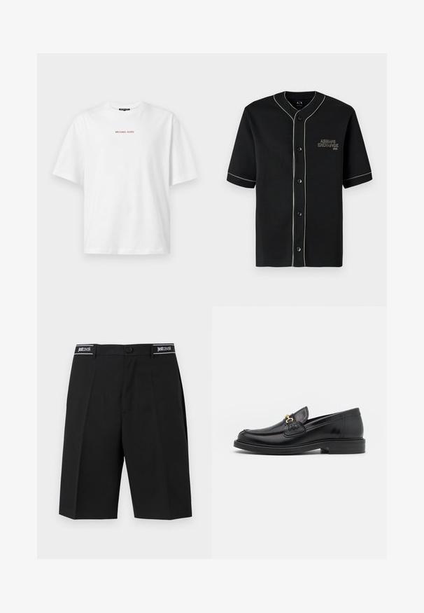 Sort kortærmet skjorte med knapper og hvid piping, med "Armani Exchange" broderet på venstre bryst.; Hvid kortærmet t-shirt med rund hals og lille rød "MICHAEL KORS" tekst centreret på brystet.; Sorte knælange skræddersyede shorts med forreste plisseringer og en linning med "Just Cavalli" logoer på bæltestropperne.; Sorte læder loafers med en rund tå, der har guld hardware accent og syningsdetaljer, placeret på en lav, tekstureret gummisål.