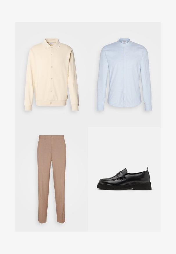 Sweatshirt boutonnière couleur crème avec manches longues, col classique et poignets côtelés. Texture lisse, design minimaliste.; Chemise à manches longues bleu clair avec col mandarin, dotée d'une fermeture à boutons et d'un tissu doux et texturé. Coupe ajustée avec un ourlet arrondi.; Pantalon beige sur mesure en tissu lisse et texturé. Coupe droite avec une taille à la taille et sans ornements visibles ni poches.; Chaussures en cuir noir de style mocassin avec une semelle plate et texturée, présentant un bout piqué et une sangle traversant le cou-de-pied.