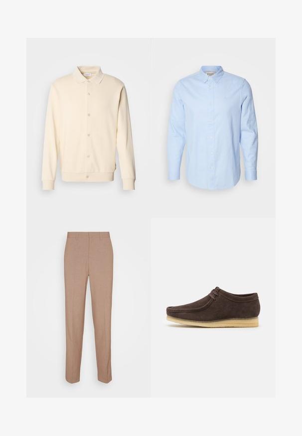 Cremefarvet button-up sweatshirt med lange ærmer, kravehals og ribbede manchetter. Glat tekstur, minimalistisk design.; Lys blå langærmet skjorte med knap, knap-ned krave, hvide knapper og subtilt broderet logo på venstre bryst.; Beige skræddersyede bukser i en glat, struktureret stof. Straight fit med en linning og uden synlige pyntedetaljer eller lommer.; Brune ruskindsko med en glat overflade, rund tå og minimalistisk design. Har en lysgummisål og kontrastfarvet snøredetalje.