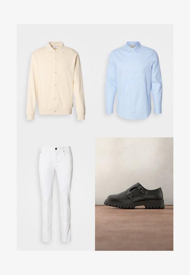 Crème-kleurige overhemdtrui met lange mouwen, een kraag en geribbelde manchetten. Gladde textuur, minimalistisch ontwerp.; Lichtblauw overhemd met lange mouwen, knoopsluiting en een button-down kraag, met witte knopen en een subtiele geborduurde logo op de linkerkant van de borst.; Witte denim jeans met een rechte pijpdesign, klassieke vijf-pocket stijl, metalen knoopsluiting en subtiele stikseldetails.; Zwarte leren schoen met dubbele gespsluitingen, ronde neus en een stevige, gestructureerde rubberen zool. Minimalistisch ontwerp met een contrasterende blauwe binnenkant.