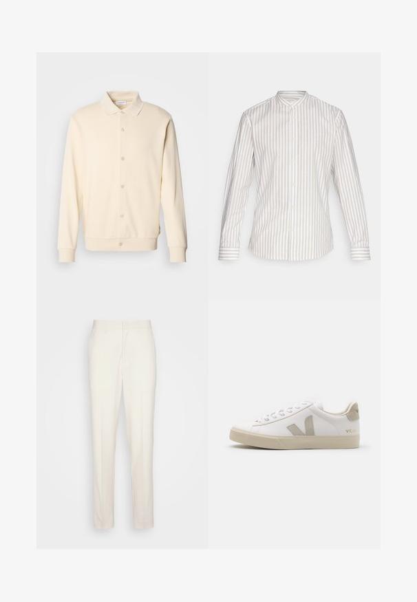 Crème-kleurige overhemdtrui met lange mouwen, een kraag en geribbelde manchetten. Gladde textuur, minimalistisch ontwerp.; Hemd met lange mouwen in een lichte beige en witte verticale gestreepte patroon. Beschikt over een staande kraag en een knoopsluiting met bijpassende manchetten.; Crème-kleurige op maat gemaakte broeken met een rechte snit, gemaakt van textuurstof. Voorzien van riemlussen en een ritssluiting aan de voorkant.; Witte leren sneaker met beige accenten, platte rubberen zool, ronde neus en contrasterend logo aan de zijkant en achterkant. Vetersluiting.