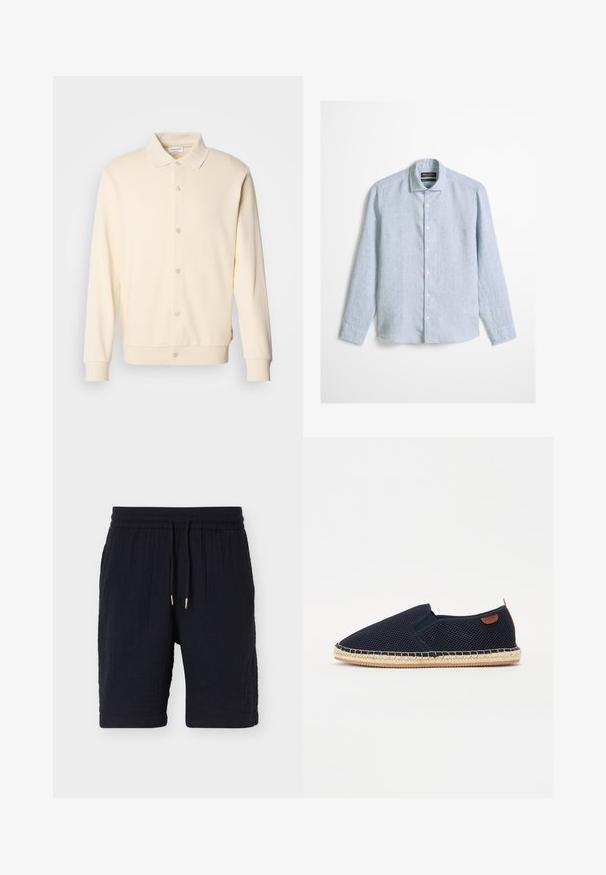 Sweatshirt boutonnière couleur crème avec manches longues, col classique et poignets côtelés. Texture lisse, design minimaliste.; Chemise bleu clair à manches longues avec boutons et col classique, en tissu texturé, présentée sur un fond uni.; Shorts décontractés noirs texturés avec taille élastique et cordons, longueur genou, présentés sur un fond clair uni.; Baskets en maille navy à enfiler avec un bout rond et une semelle extérieure en jute tressé. Présente un accent en cuir au niveau du talon et des coutures contrastées.