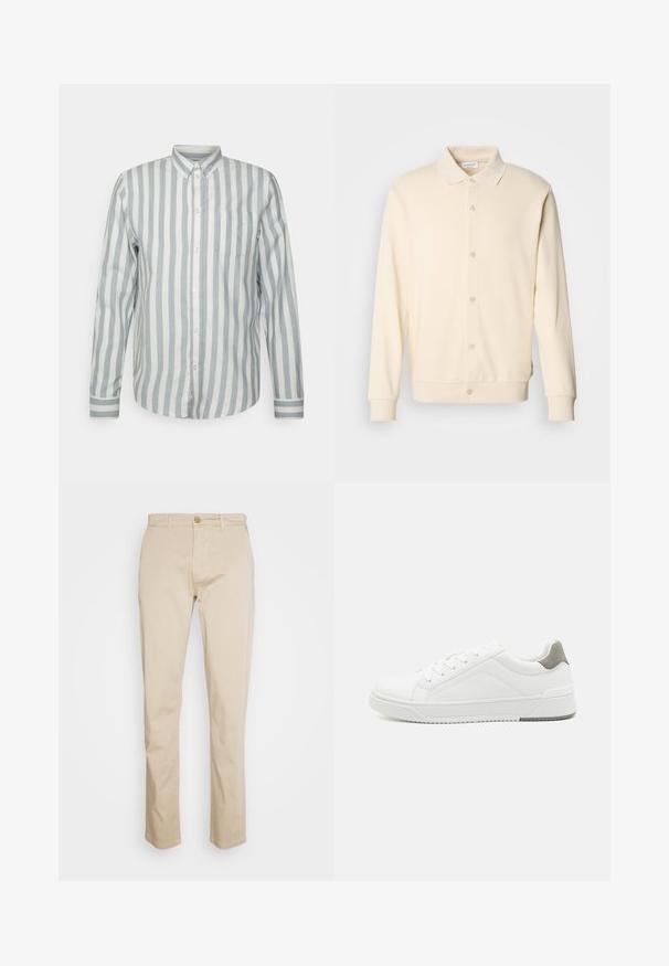 Sweatshirt boutonnière couleur crème avec manches longues, col classique et poignets côtelés. Texture lisse, design minimaliste.; Chemise à boutons en bleu clair et blanc cassé à rayures. Dispose d'un col classique, de manches longues et d'une poche poitrine. Tissu doux, coupe décontractée.; Pantalon chino en coton beige avec une coupe droite, fermeture à boutons sur le devant, passants pour ceinture et texture lisse. Adapté pour un usage décontracté et semi-formel.; Basket blanche en cuir lisse, à bout arrondi, design minimaliste, accent de talon gris et semelle en caoutchouc texturé.